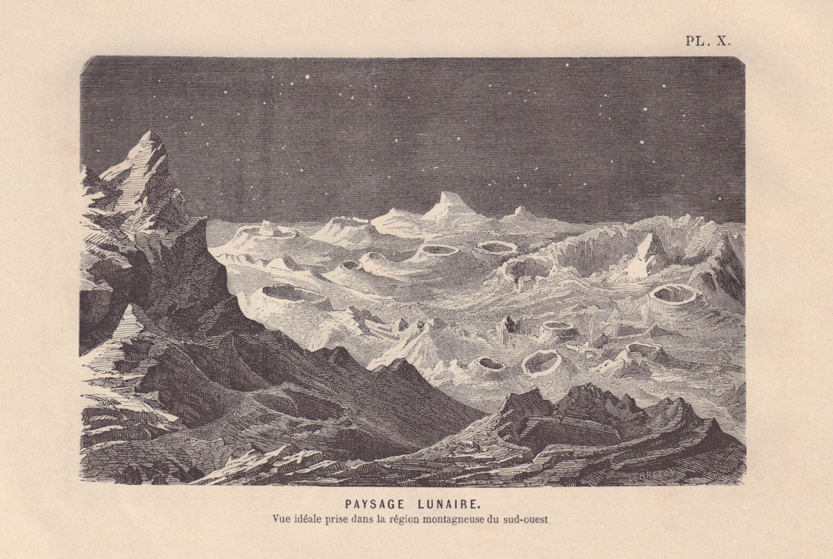 Moon. Paysage lunaire. Imagined lunar landscape 1866 old antique print picture